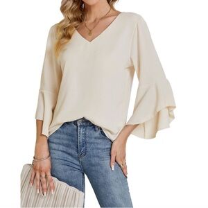 New Layner Ruffled Bell Sleeve Ivory V Neck Lightweight Blouse / Large